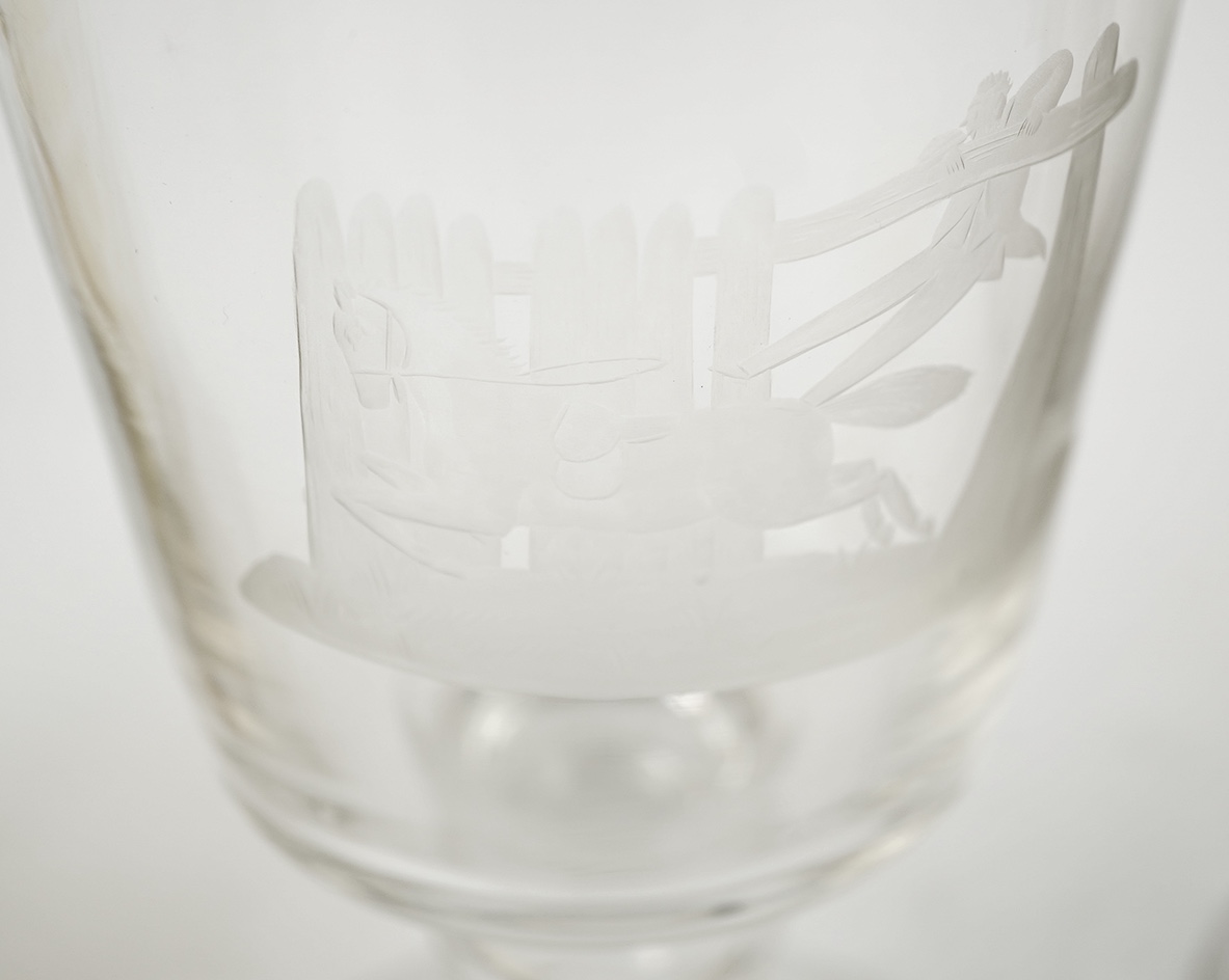 Horse interest - two German amber flashed beakers and two engraved rummers, 19th century